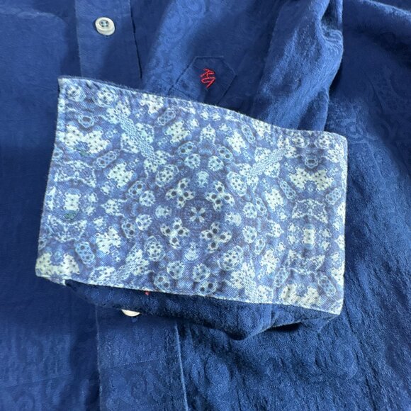 Robert Graham Shirt Medium Blue Jacquard‎ Cotton Flip Cuff Embroidered Trim - Picture 6 of 16